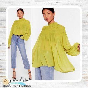 Chiffon Shirred High Neck Swing Blouse
